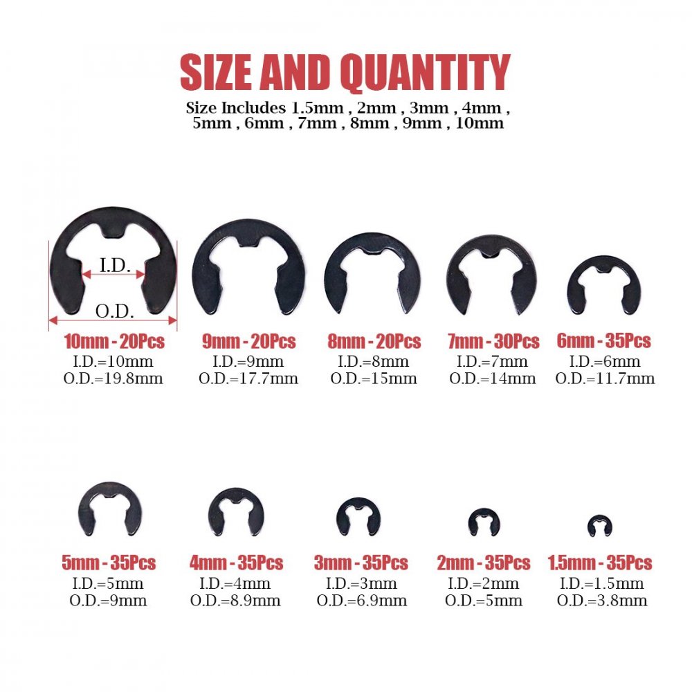 GTYPRO 300Pcs Alloy Steel E Clip Circlip External Retaining Ring 1.5 To 10mm FREE SHIP Use for Auto Parts Fastening