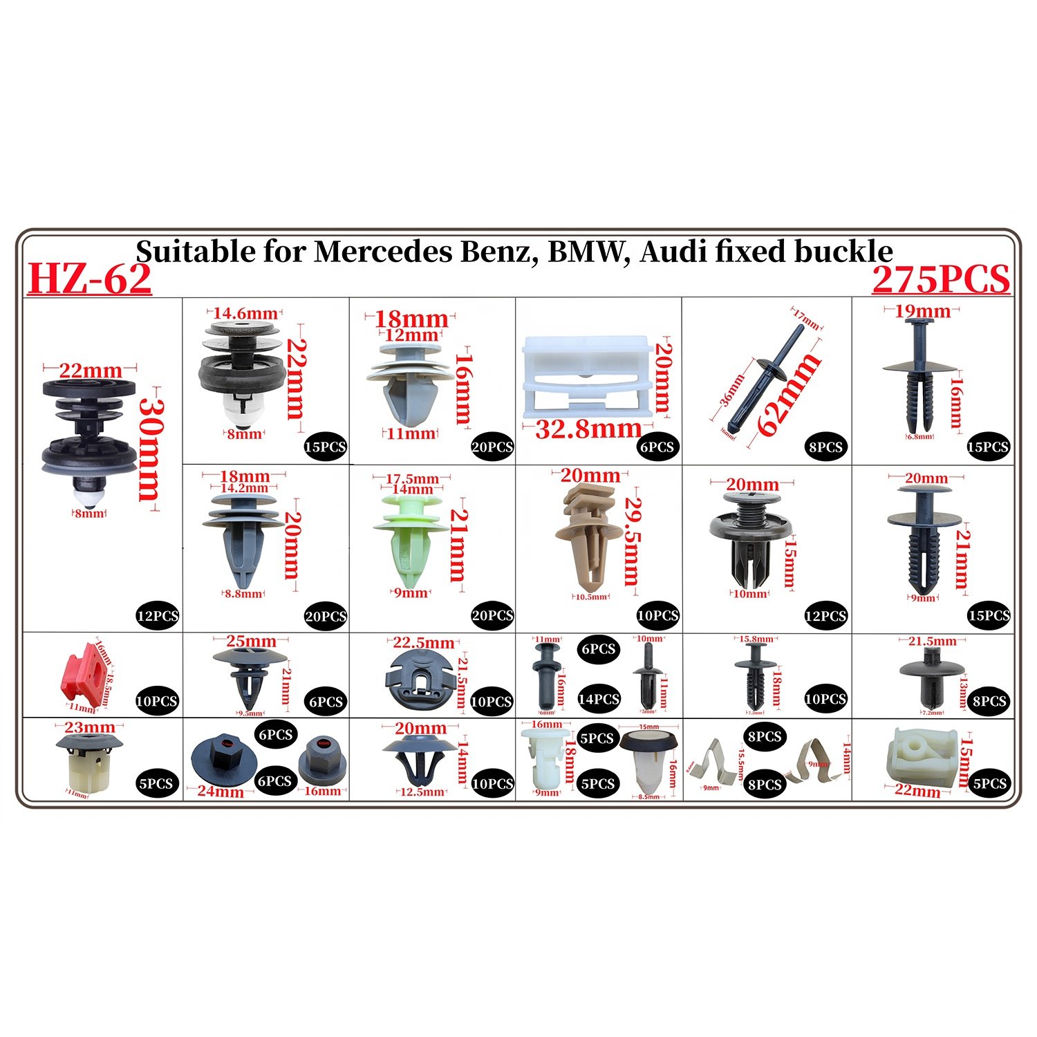 275PCS 27Kinds Car Plastic Fastener Clips Mixed Push Retainer Pin Rivet Bumper Door Trim Panel Clip Set for Benz BMW Audi