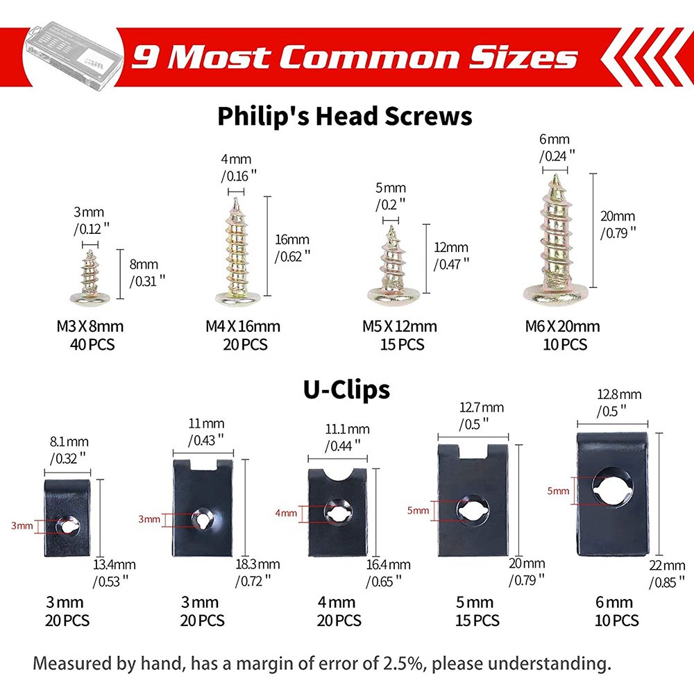 OEM C0720 170PCS Car U Clip Fastener with Screw Assortment Kit , Automotive Stainless Steel Clip U Nut , Metal Clip Fasten