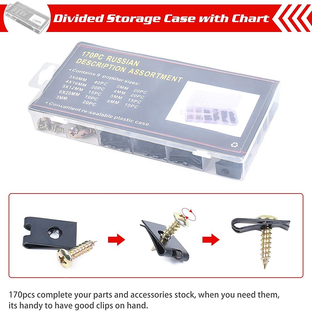 OEM C0720 170PCS Car U Clip Fastener with Screw Assortment Kit , Automotive Stainless Steel Clip U Nut , Metal Clip Fasten