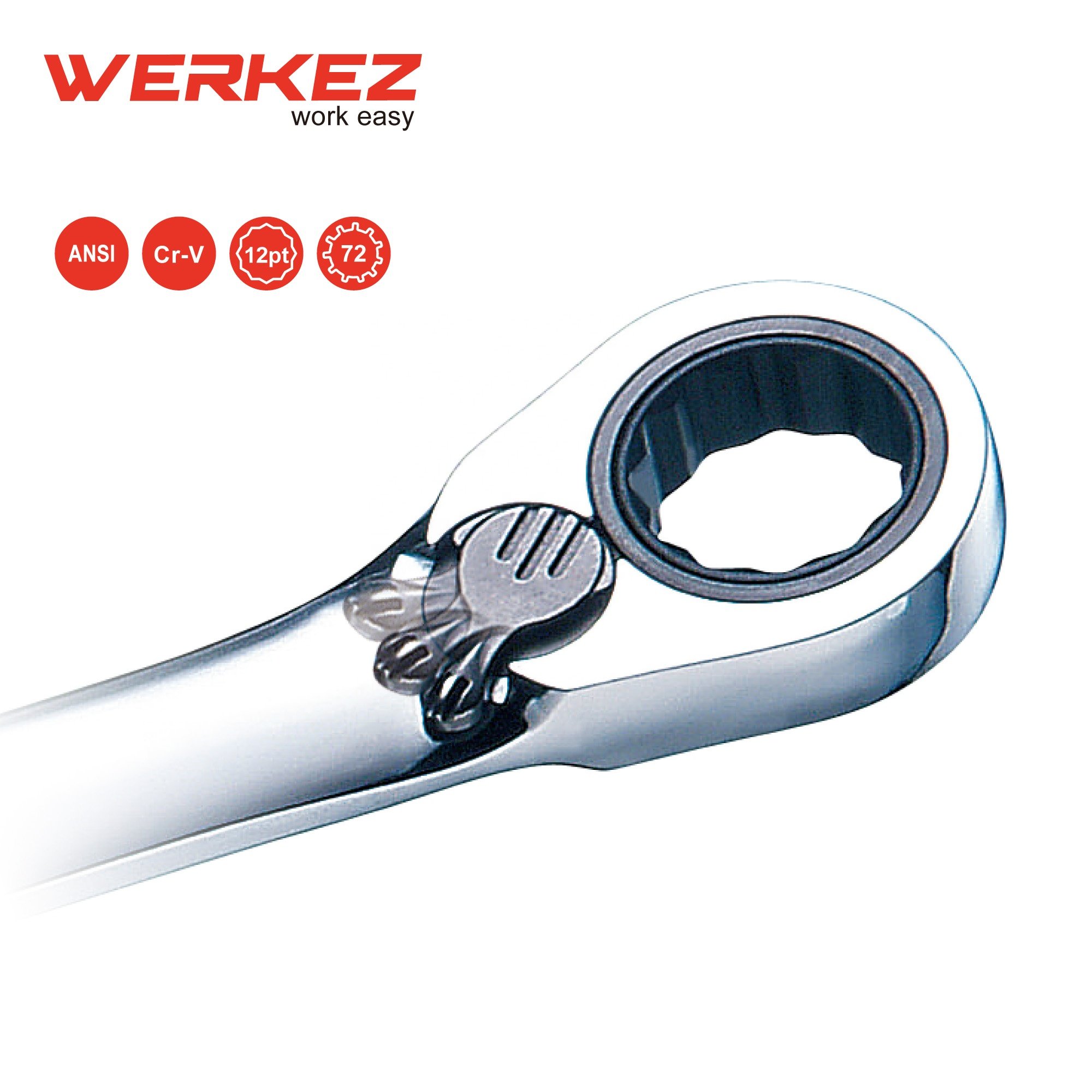 Taiwan Brand Werkez 72-Tooth Cr-V Steel Ratchet Wrench 9/16\" Reversible Ratcheting Combination Wrench Chrome Industrial GS