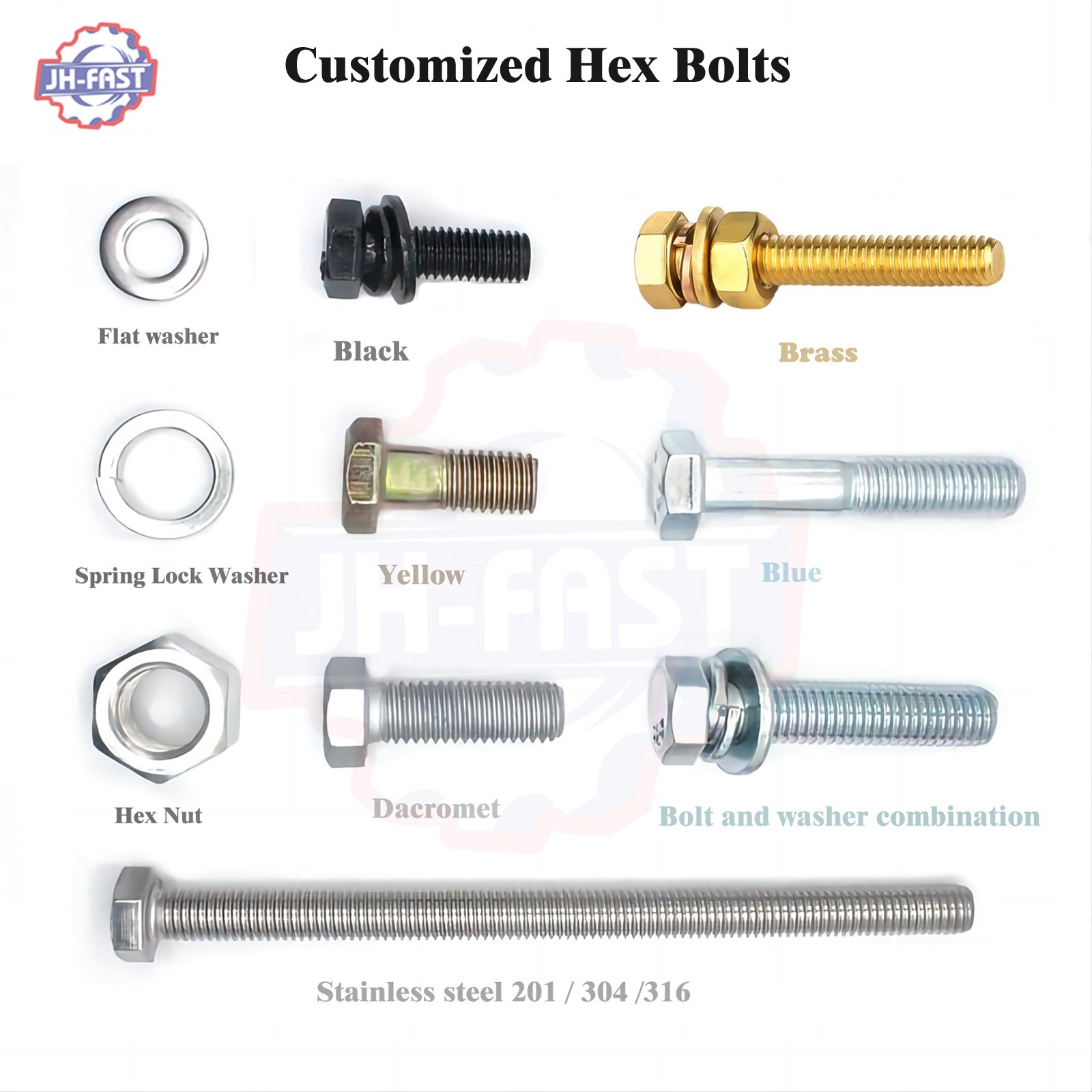Fasteners Manufacturers Brass Stainless Carbon Steel Black Allen Carriage Bolt Hex Flange Lifting Eye T U Bolt Hex Bolt and Nut