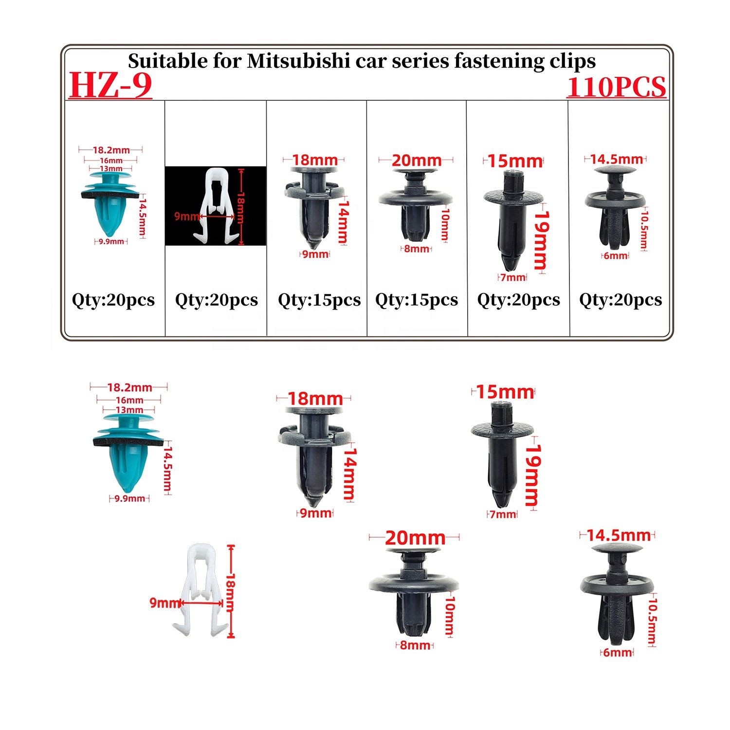 110PCS Auto Nylon Plastic Clips Car Push Retainer Clips Door Trim Bumper Fender Clip Kit for Mitsubishi