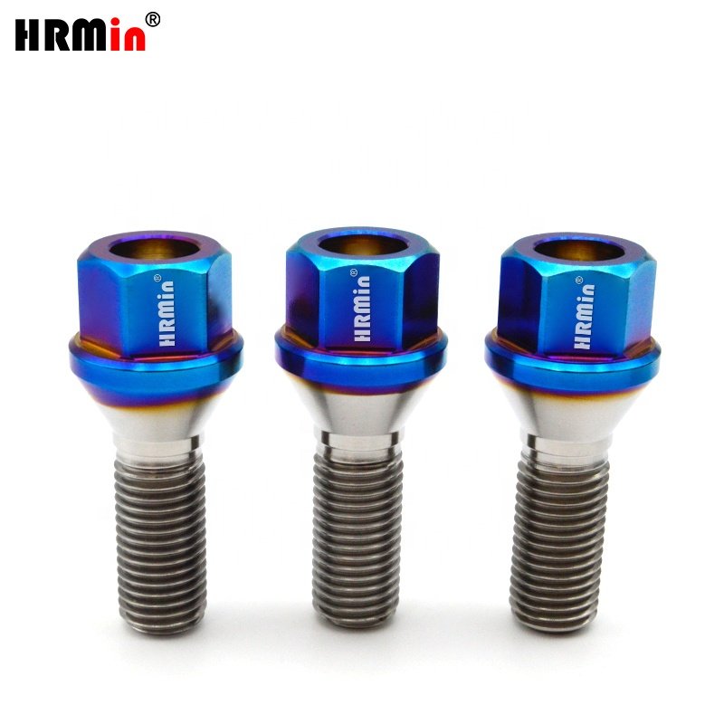 HRmin Burnt Blue Color 17mm Hollow Hex Cone Seat Gr.5 Titanium Ti-6Al-4V Automobile Vehicle Car Wheel Bolts M14x1.25x28mm