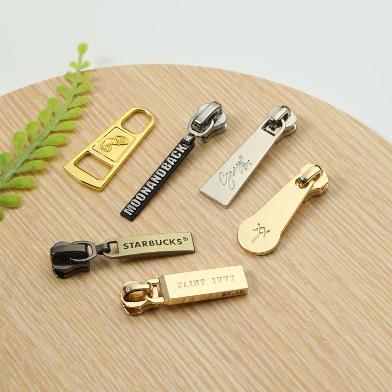 Custom letters logo Auto lock zipper puller engraved logo metal replacement zip fastener puller