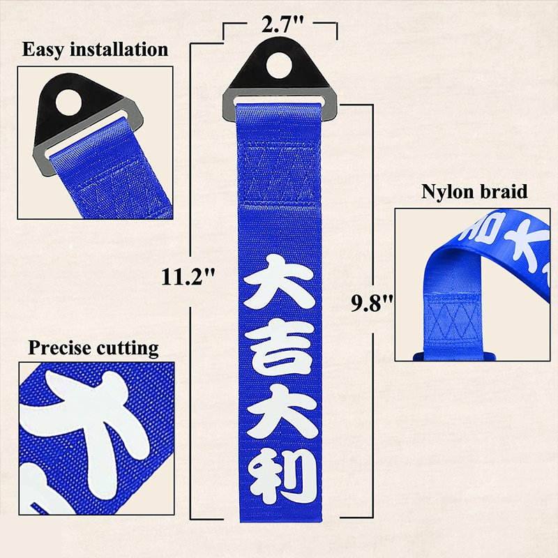 Universal Car JDM Bumper Quick Release Fasteners Rear Tow Towing Hook Decorative Tow Strap Personalized Chinese Slogan (Blue)