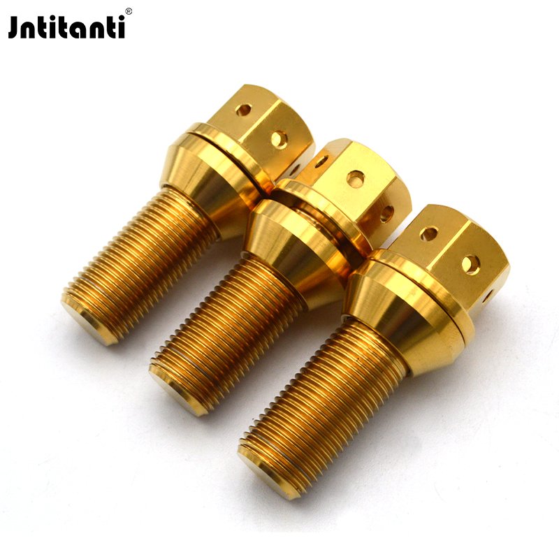 HRmin Gold Color 17mm Drilled Hex Floating Cone Seat Gr.5 Titanium Ti-6Al-4V Automobile Vehicle Car Wheel Bolts M14x1.5x28mm