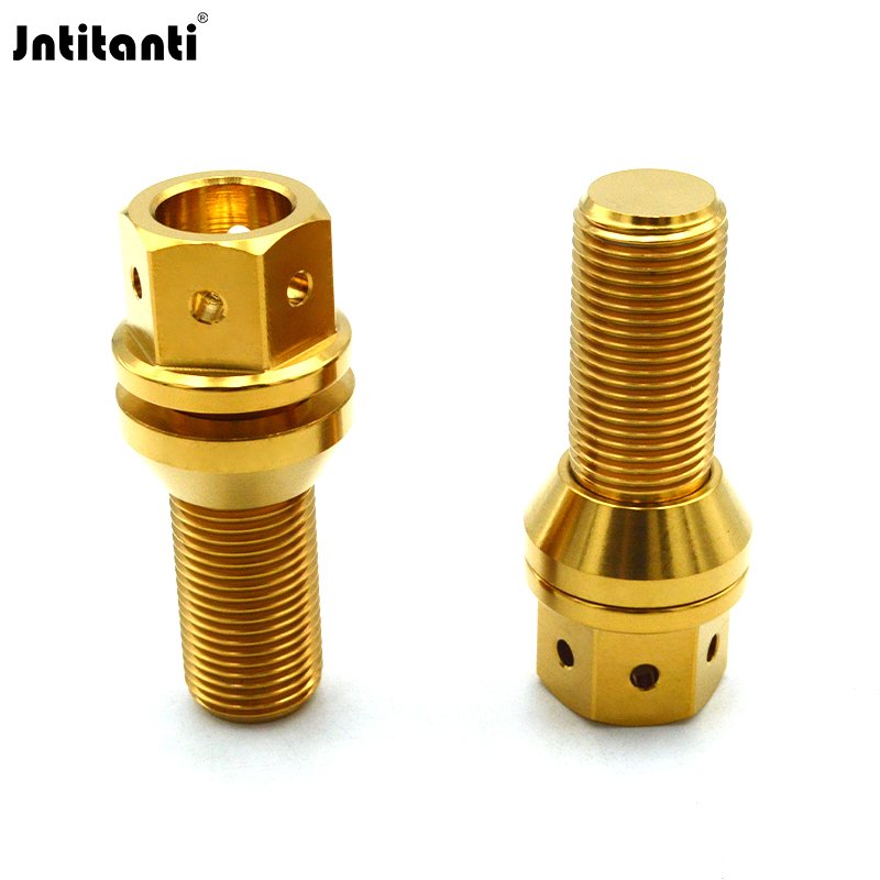 HRmin Gold Color 17mm Drilled Hex Floating Cone Seat Gr.5 Titanium Ti-6Al-4V Automobile Vehicle Car Wheel Bolts M14x1.5x28mm