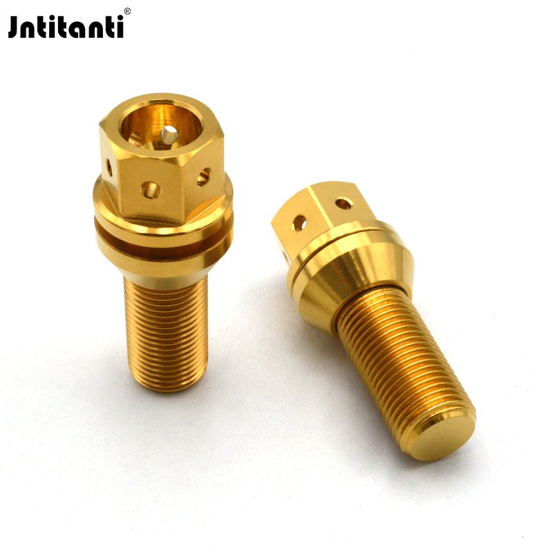 HRmin Gold Color 17mm Drilled Hex Floating Cone Seat Gr.5 Titanium Ti-6Al-4V Automobile Vehicle Car Wheel Bolts M14x1.5x28mm
