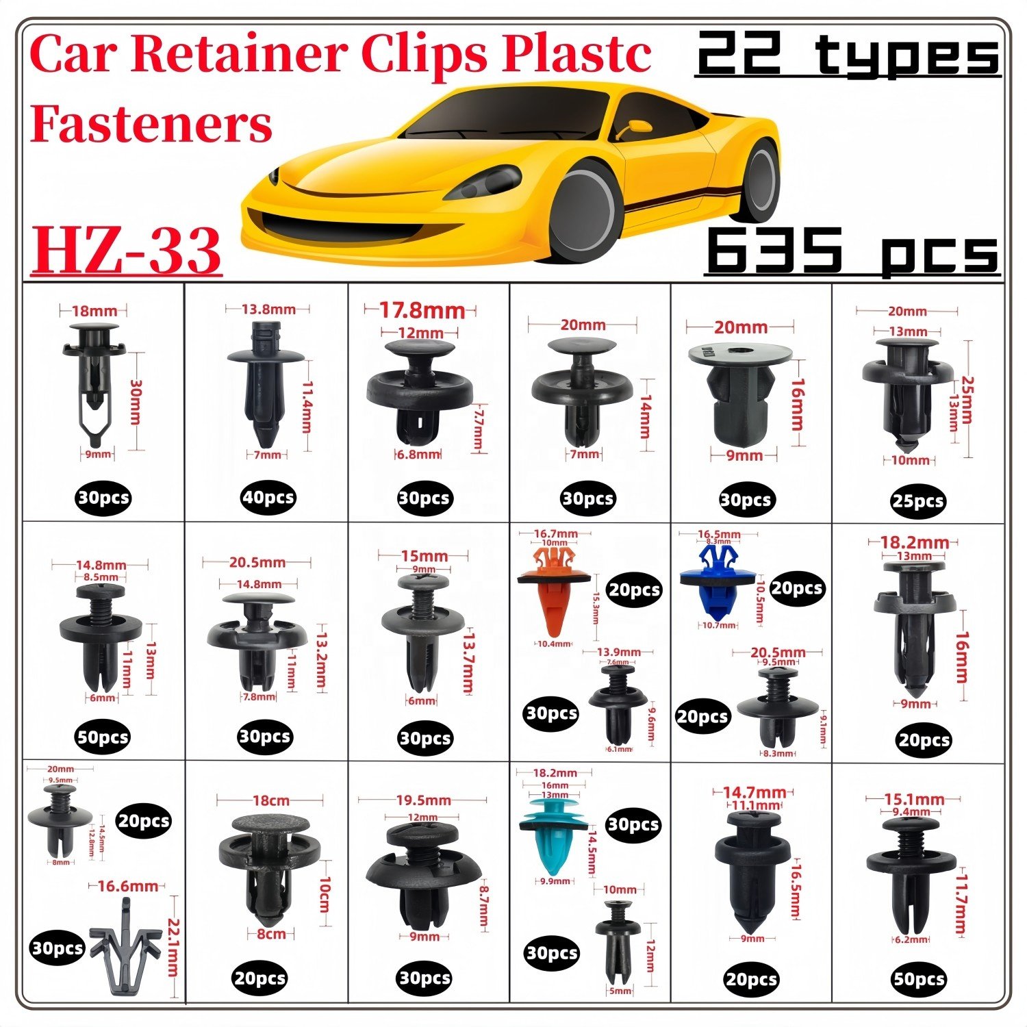 630 Pcs Car Retainer Clips Plastic Fasteners Kit Fender Rivets Kits 22 Most Popular Sizes Auto Push Pin