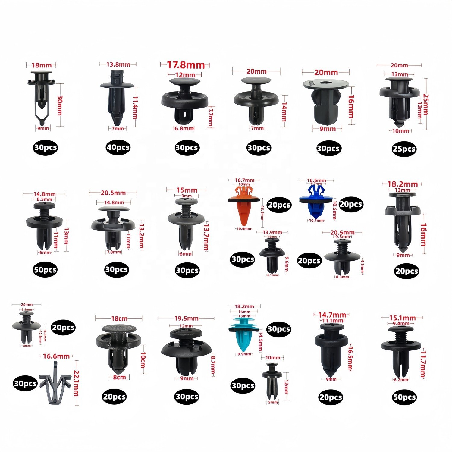 630 Pcs Car Retainer Clips Plastic Fasteners Kit Fender Rivets Kits 22 Most Popular Sizes Auto Push Pin