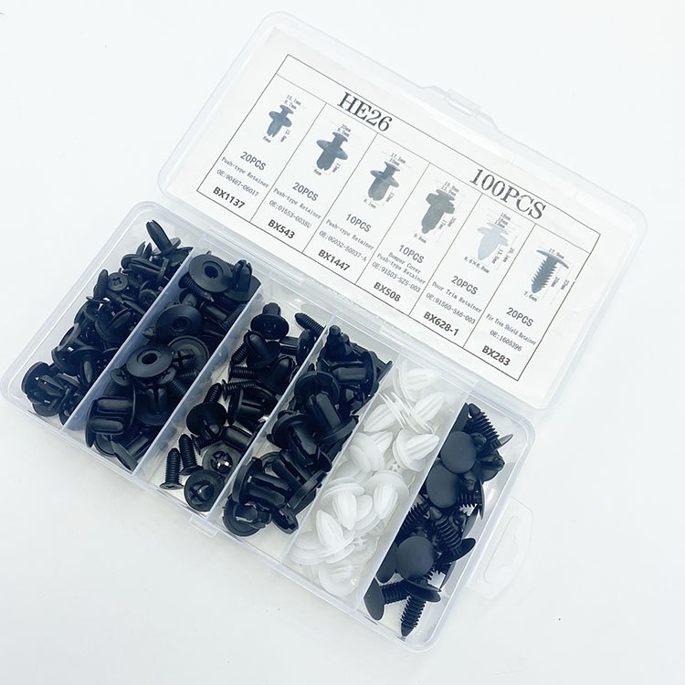 100PCSHE26 Car Retainer Mixed Car Auto Fastene Expansion Screws Replacement Kit Bumper Push Rivet Clip With 1PC Fastener Remover