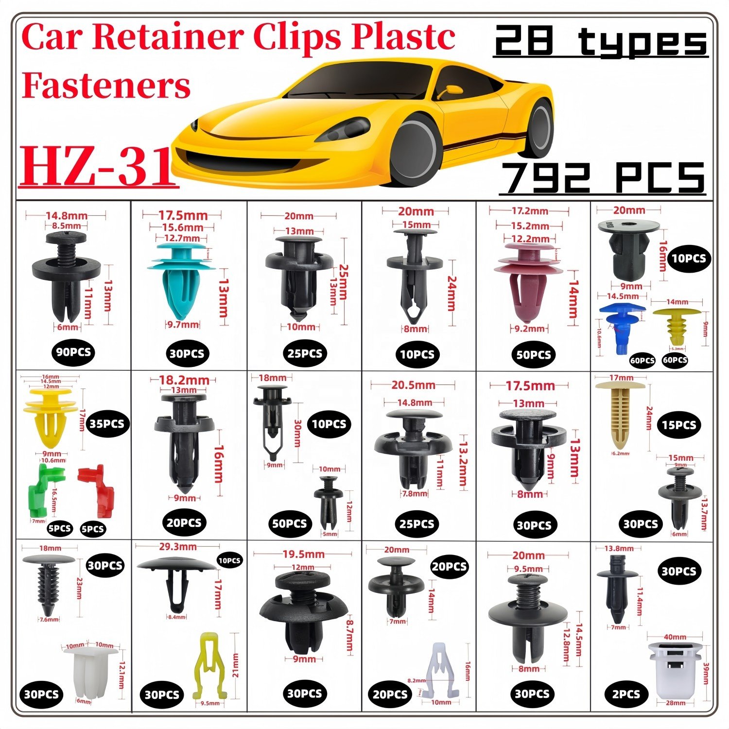 792 Pcs Universal Hot Sale Auto Push Pin Nylon Rivet Kit Car Retainer Clips Plastic Fasteners