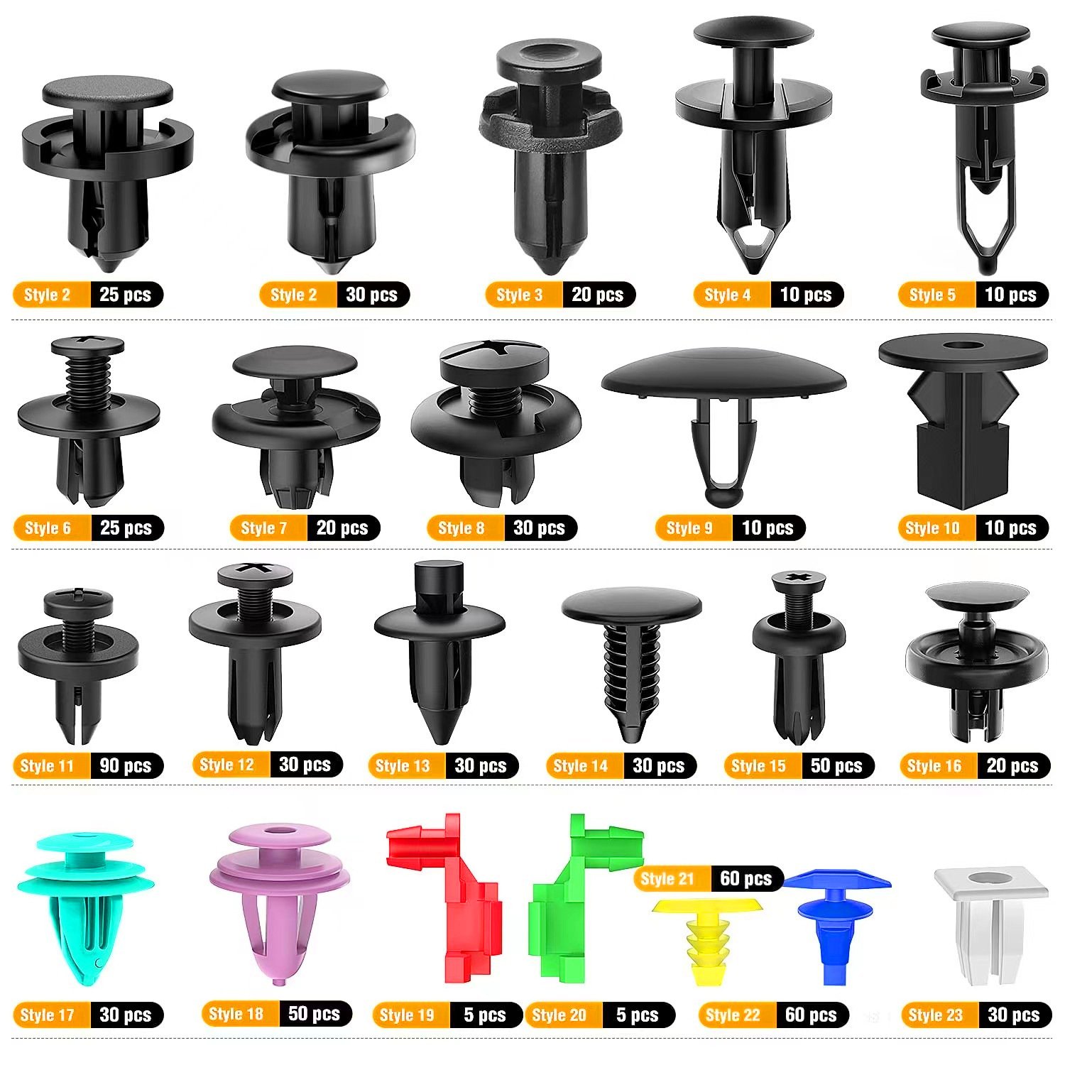 C0724 725Pcs Car Push Retainer Clips & Auto Fasteners -23 Sizes Nylon Bumper Fender Rivets with Cable Ties Fasteners Remover