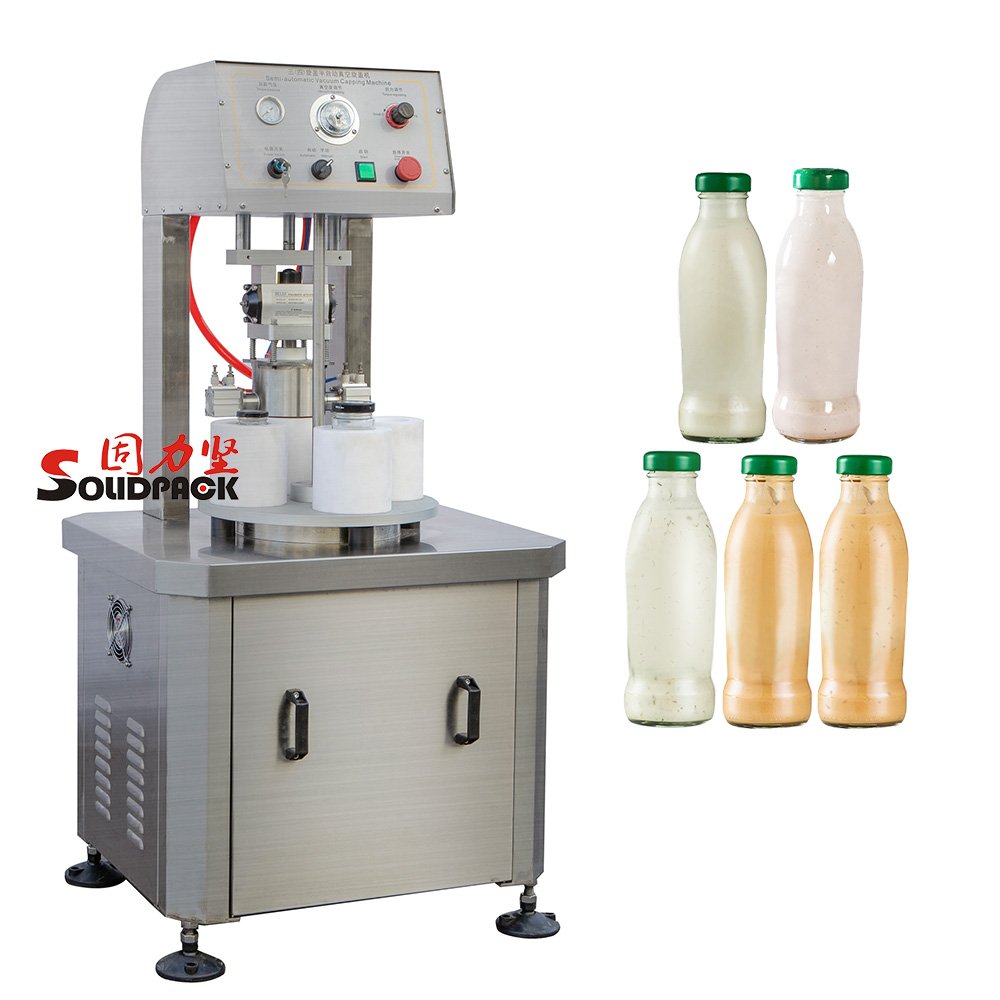 Solidpack semi automatic 2 head glass jar bottles vacuum feeder screwing capping machine