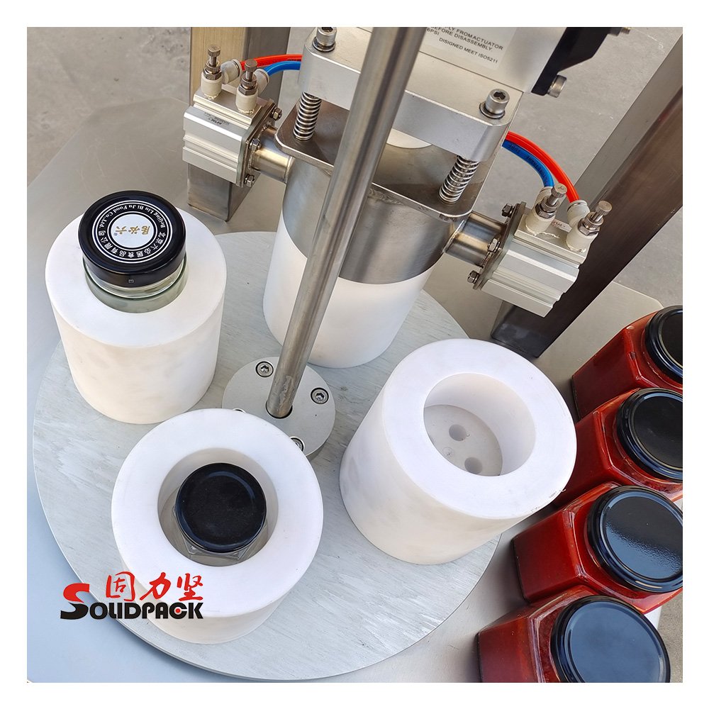 Solidpack semi automatic 2 head glass jar bottles vacuum feeder screwing capping machine