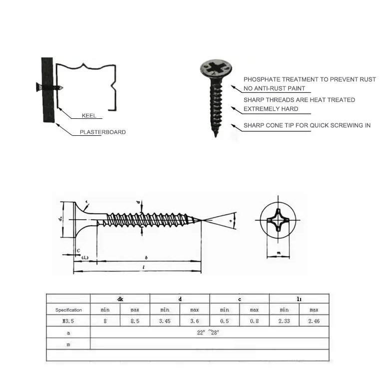 Auto Perforante 4*35Mm Phosphated On Tape Drywall Screw For Drywall Phillips Black Self Tapp In Coil