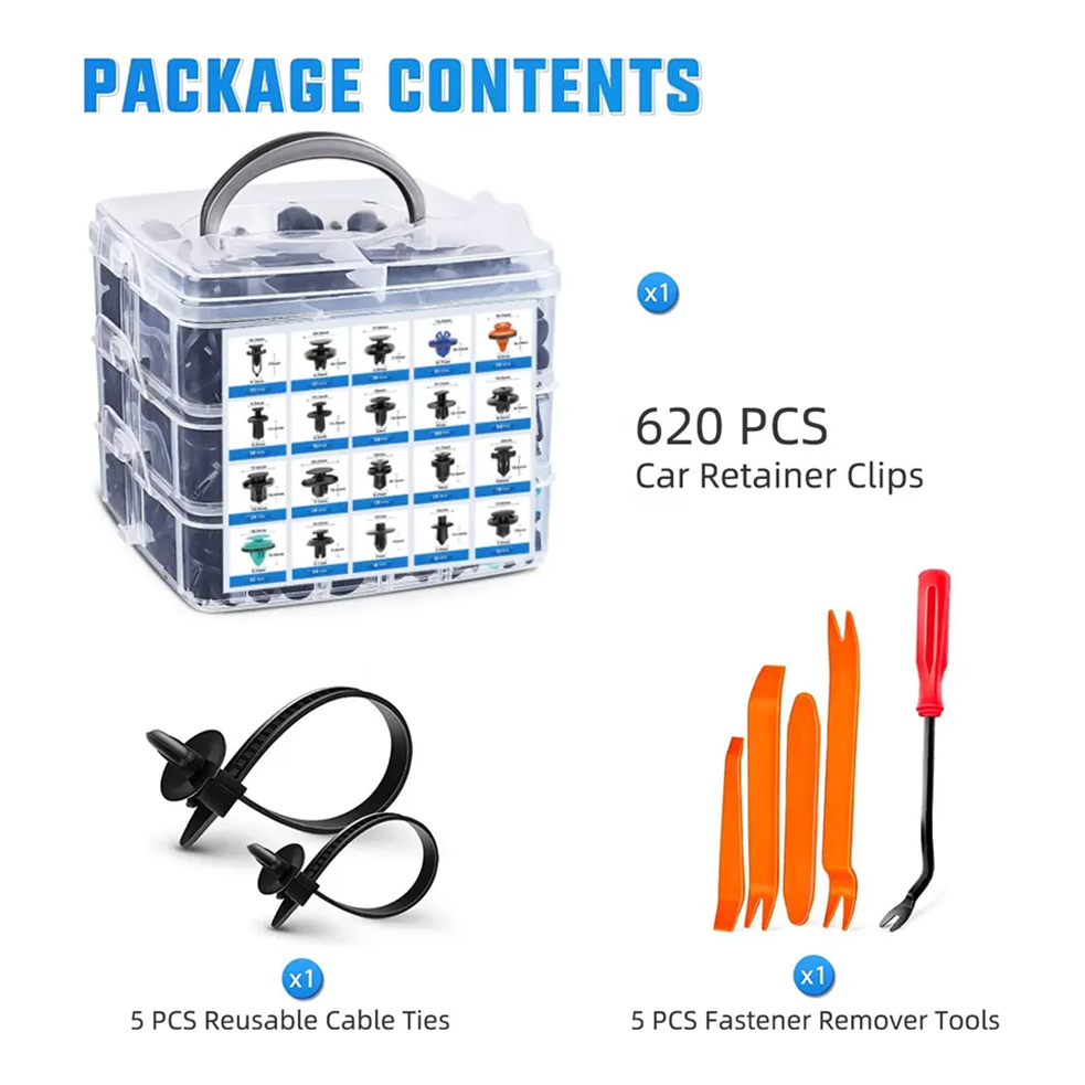 QGZ327 630 Pcs Car Retainer Clips Kit 16 Most Popular Sizes Auto Push Pin with Foam Cable Ties and Fasteners Remover
