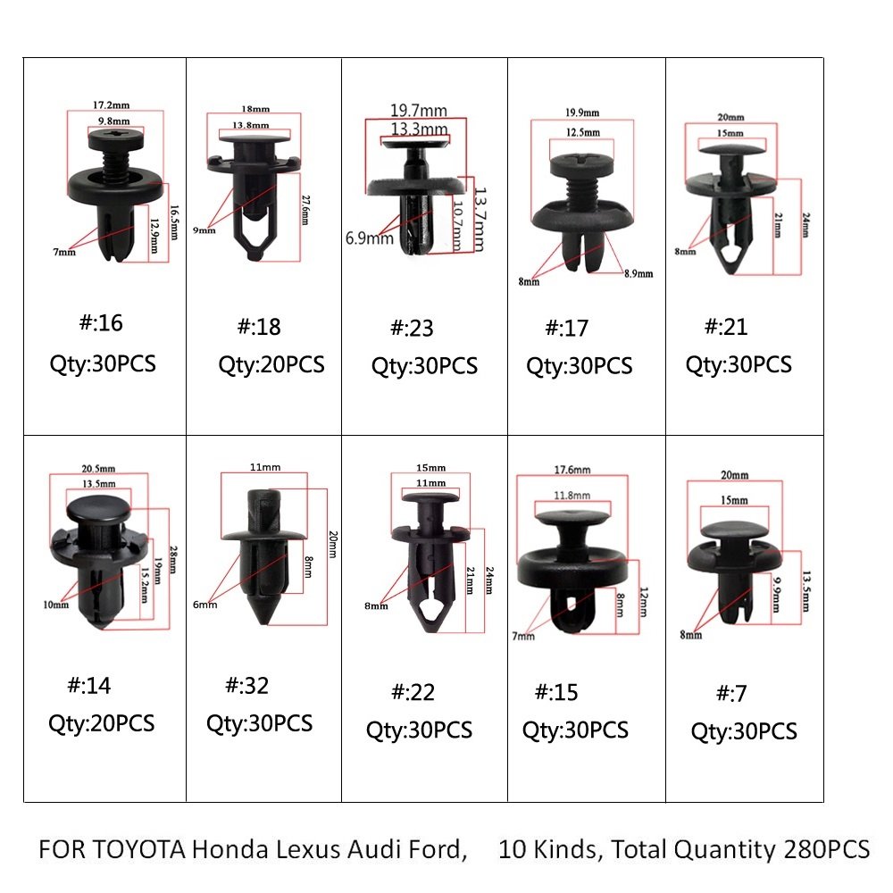 280pcs/BOX Black Plastic Mixed Auto Fastener Vehicle Car Bumper Clips Retainer Rivet Door Panel Fender Liner EP-SLK280H