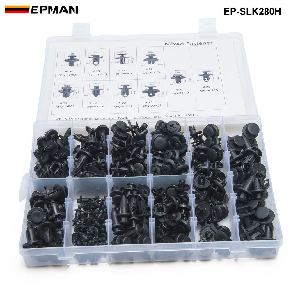 280pcs/BOX Black Plastic Mixed Auto Fastener Vehicle Car Bumper Clips Retainer Rivet Door Panel Fender Liner EP-SLK280H