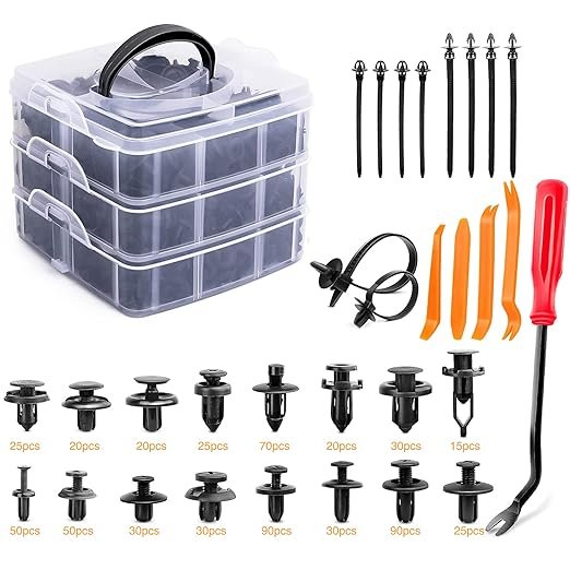 635Pcs Car Push Retainer Clips Auto Fasteners 16 Most Popular Sizes Nylon Bumper Fender Rivets with Cable Ties and Remover
