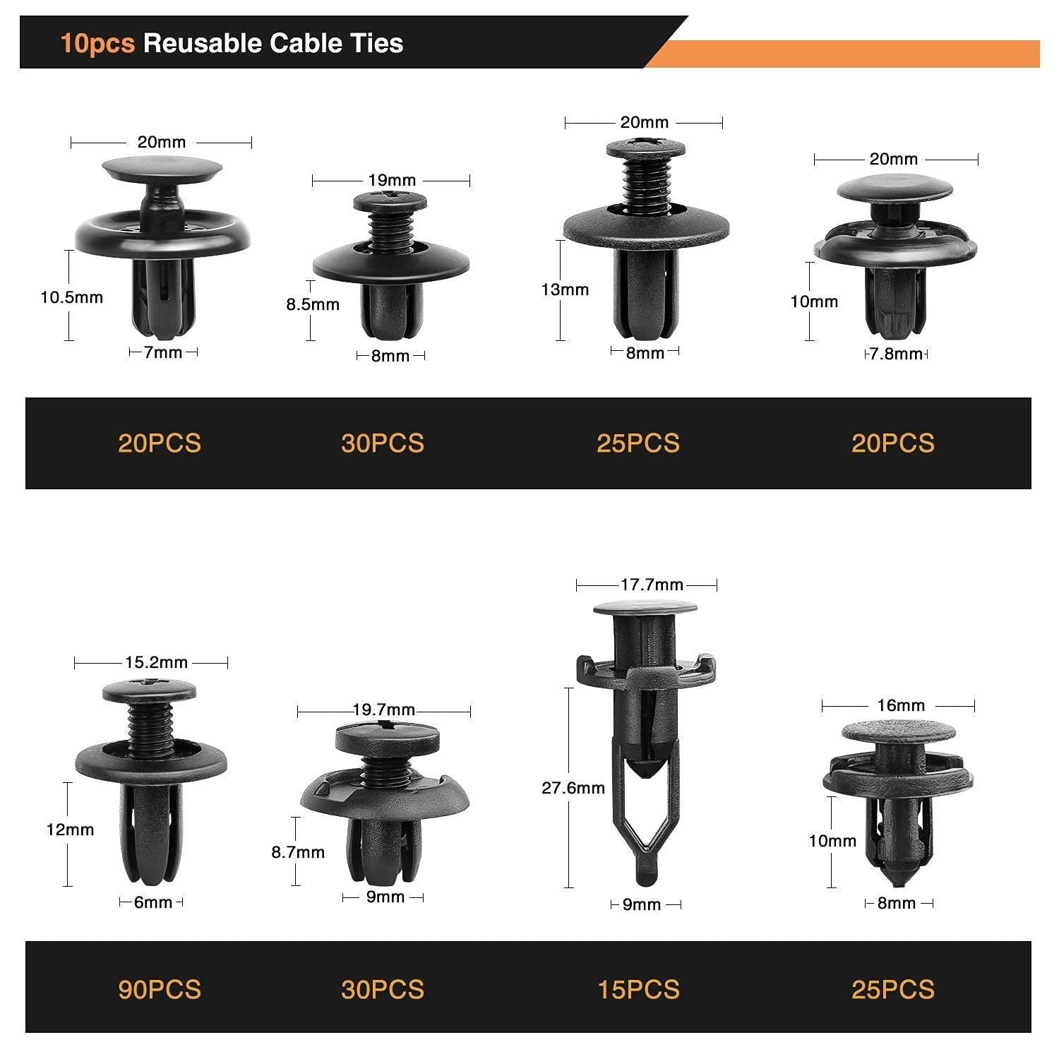 635Pcs Car Push Retainer Clips Auto Fasteners 16 Most Popular Sizes Nylon Bumper Fender Rivets with Cable Ties and Remover