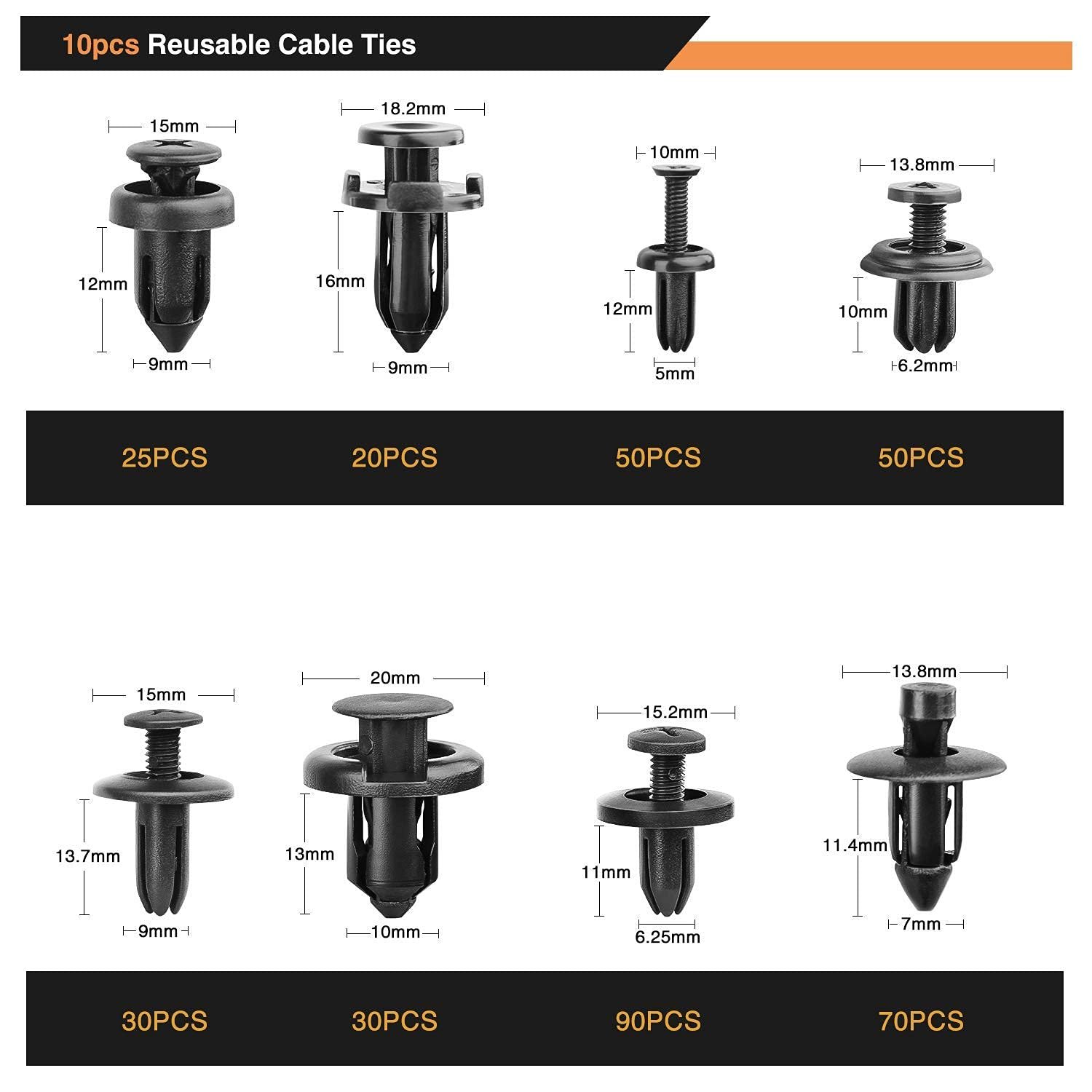 635Pcs Car Push Retainer Clips Auto Fasteners 16 Most Popular Sizes Nylon Bumper Fender Rivets with Cable Ties and Remover