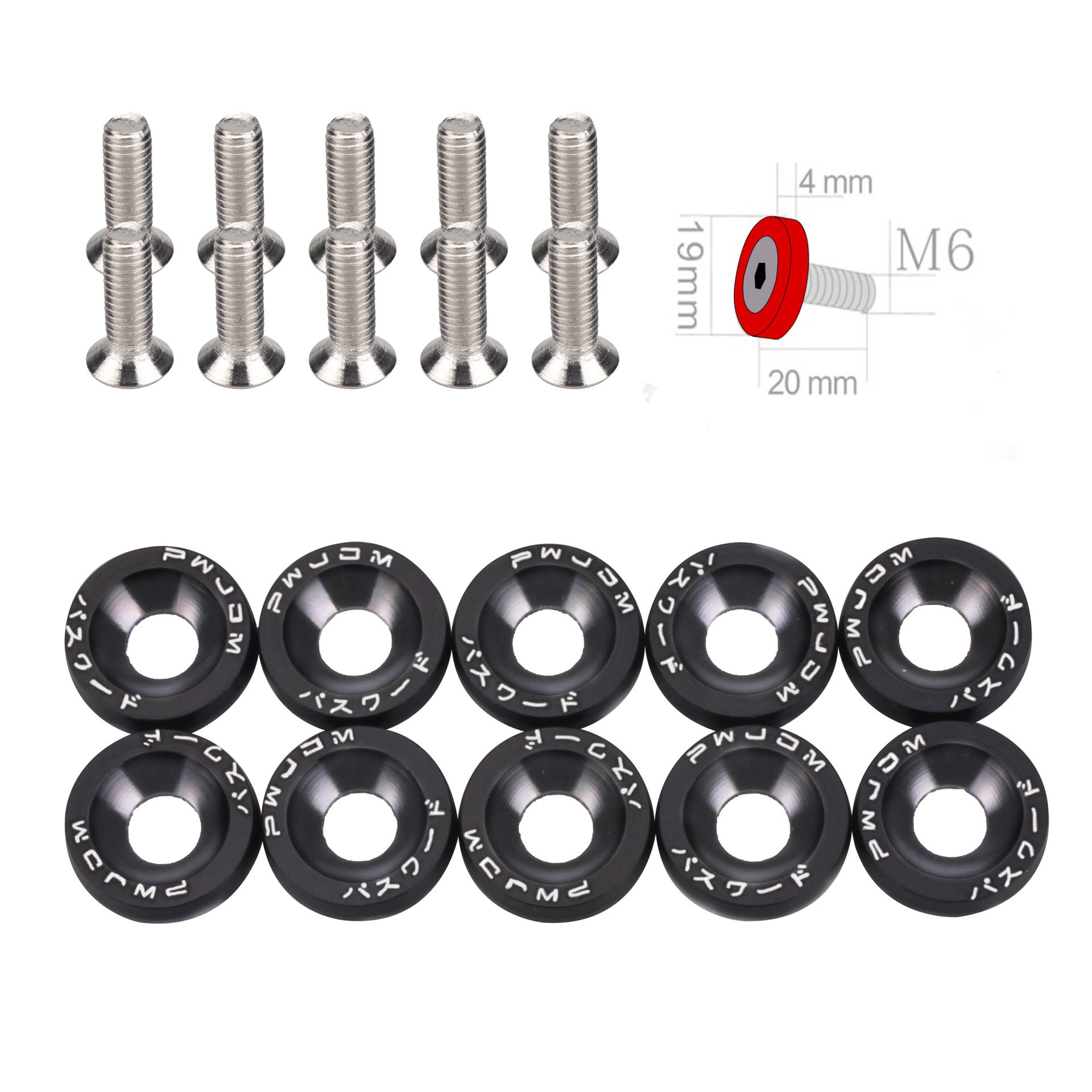 10pcs JDM Racing Autos M6 Gasket Fender Bumper Washer Engine Bay Dress up Fastener Kit