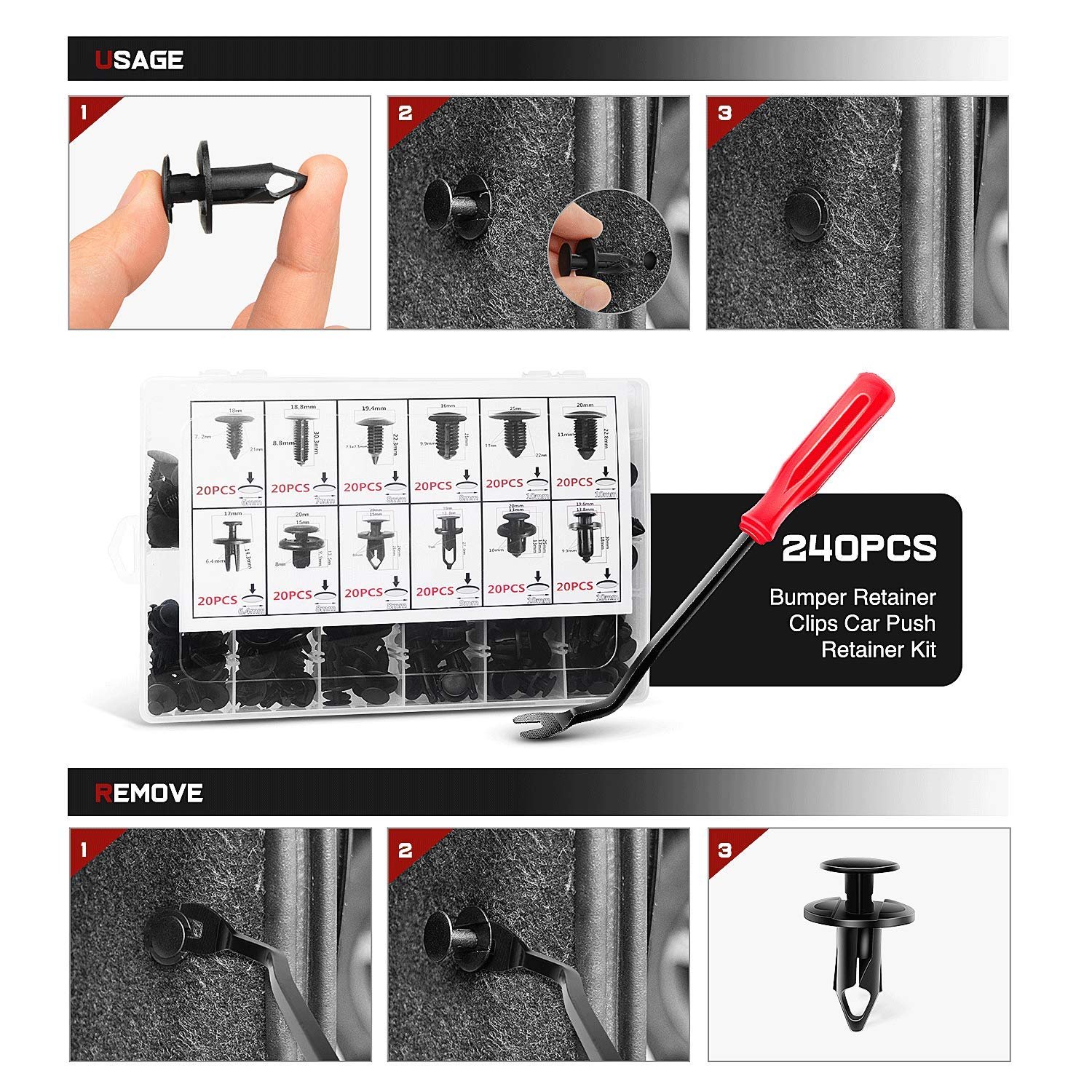 240PCS Bumper Retainer Clips with Fastener Remover Car Plastic Rivets Fasteners Push Retainer Kit Door Trim Panel Clips
