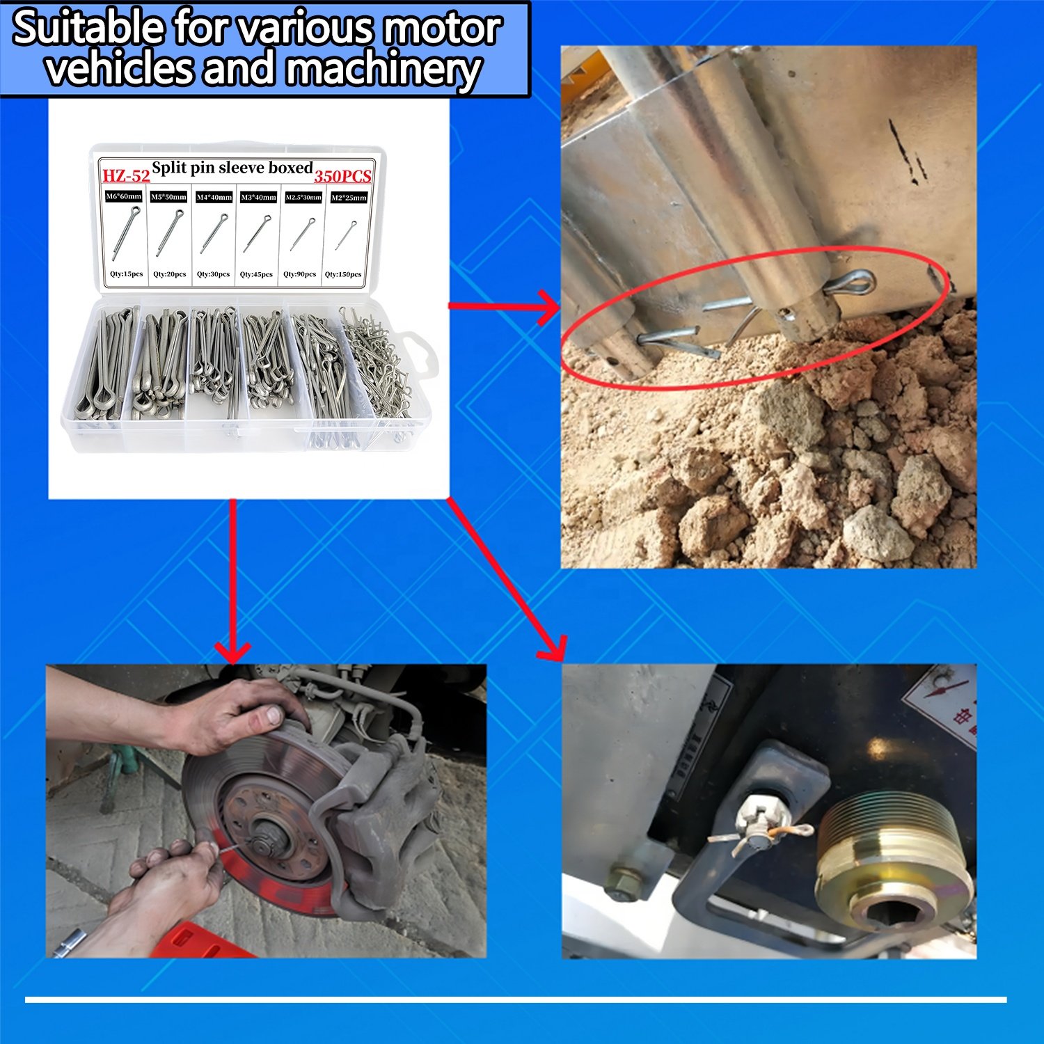 350PCS 6Kinds cotter pin Positioning spring cylindrical pin Hollow pin stainless steel set for motor vehicles and machinery