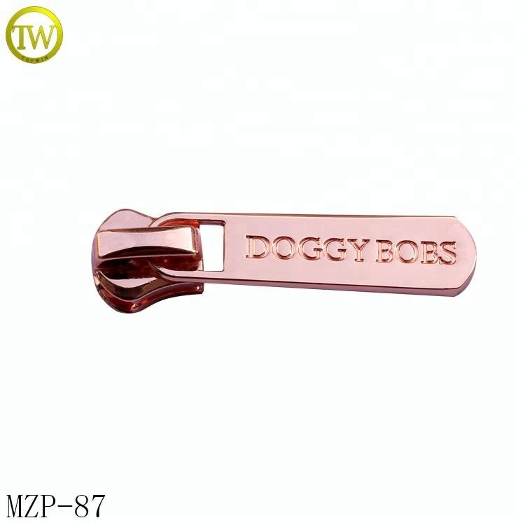 Custom rose gold letters auto lock zipper puller handbags engraved logo metal replacement zip fastener puller