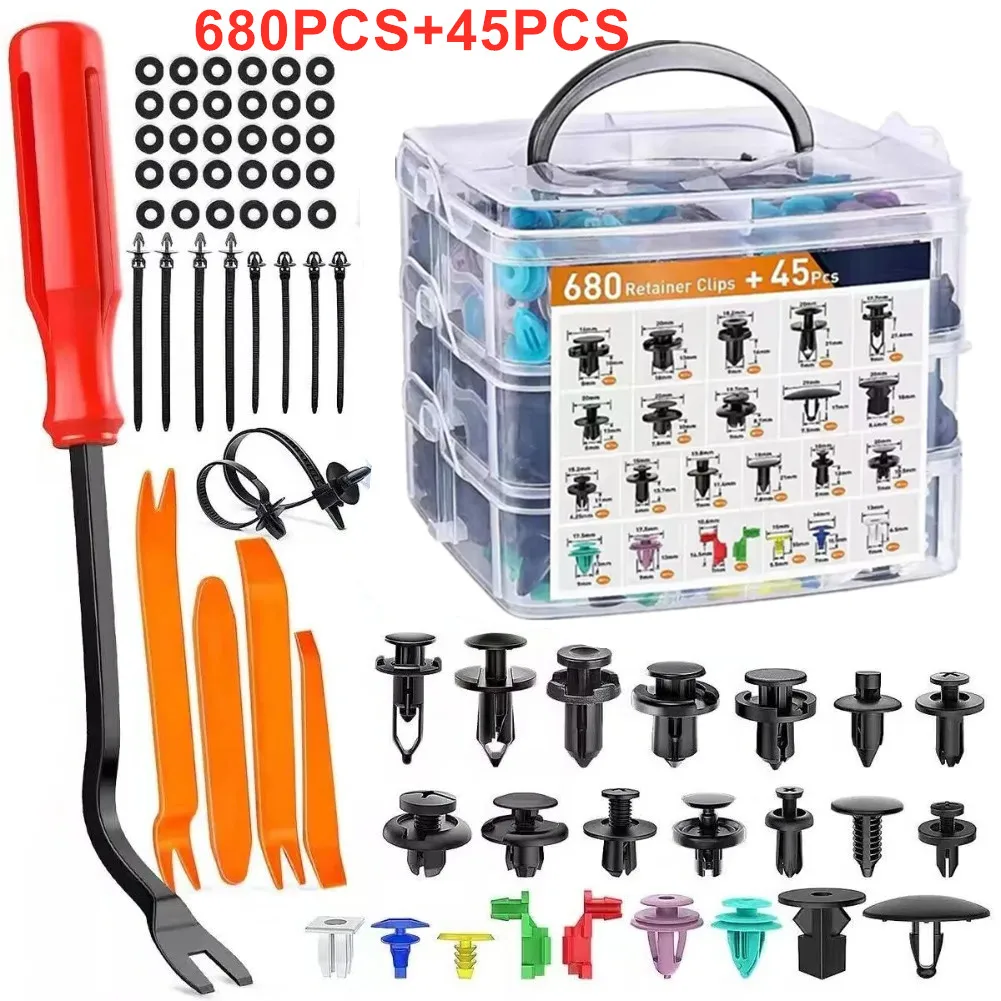 680+45 Pcs Car Fastener Clip White Vehicle Retainer Fastener Bumper Clip Auto Fender Push Pin Rivet Door Trim Panel Retainer