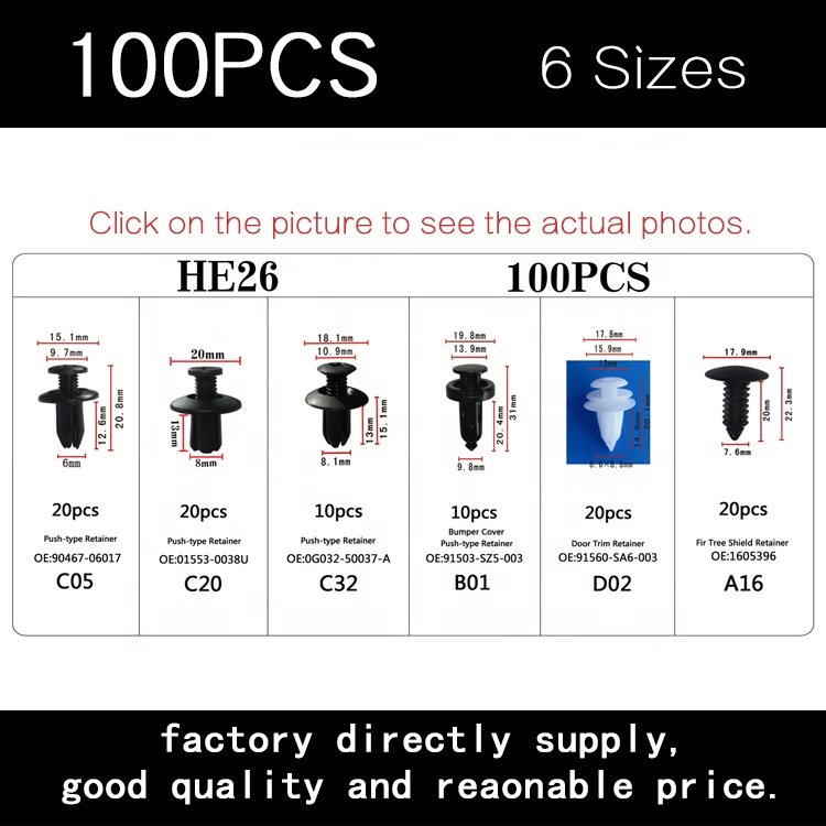 100pcs Bumper Fastener Rosette Rivet Clips Kit Bulk Car Parts He26 Auto Clips Plastic Fastener 60pcs/box 6species High-quality