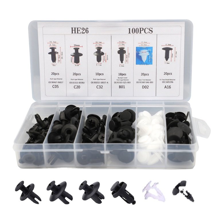 100pcs 6 Sizes Mixed Auto Fastener Car Bumper Clips Body Push Retainer Pin Rivet Door Trim Panel Retainer Universal Fastener Kit