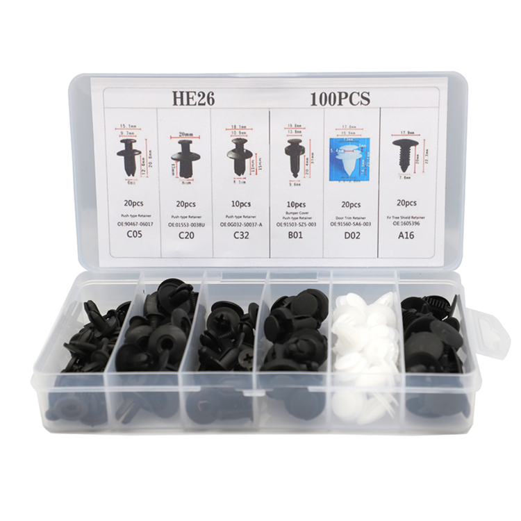 100pcs 6 Sizes Mixed Auto Fastener Car Bumper Clips Body Push Retainer Pin Rivet Door Trim Panel Retainer Universal Fastener Kit