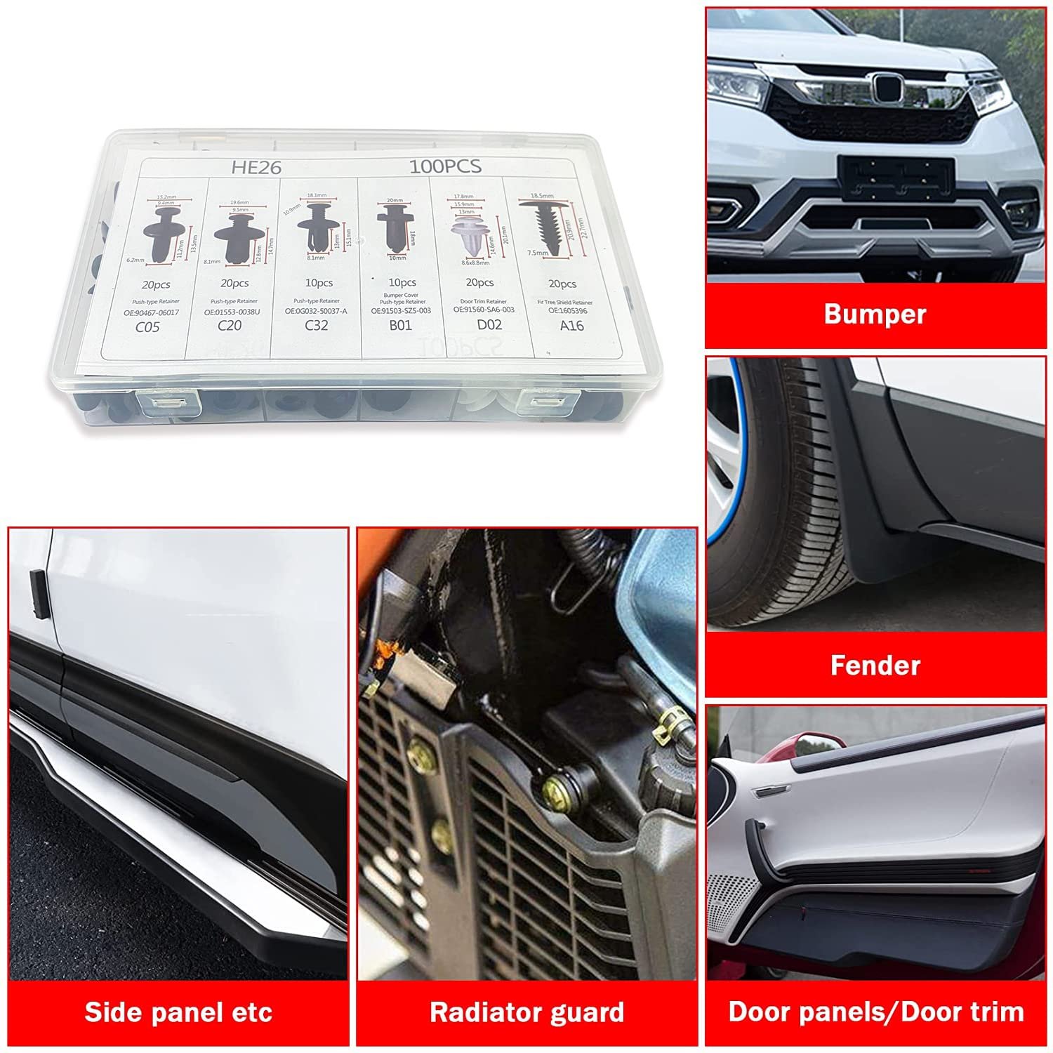 OEM C0013 100Pcs Mixed Car Auto Fastener Clip Body Push Retainer Car Clips Plastic Rivet Bumper Door Trim Panel Fastener Kit