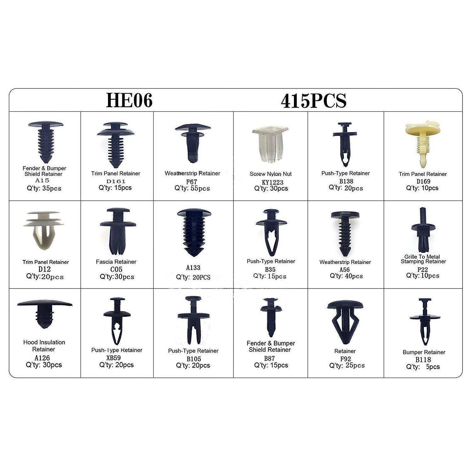 415pcs Push Type Fastener Sssortment Auto Fasteners Assorted Car Clips Set Body Clips Fasteners Auto Plastic Black Automotive