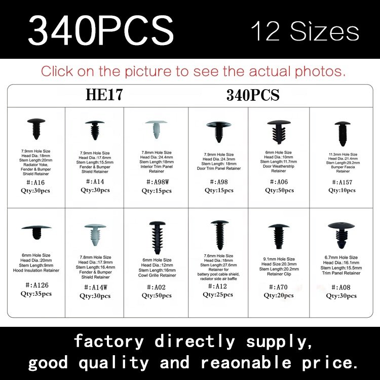 340pcs Bumper Fastener Rosette Rivet Clips Kit Bulk Car Parts He17 Auto Clips Plastic Fastener 12 Species 24box/carton OEM /ODM