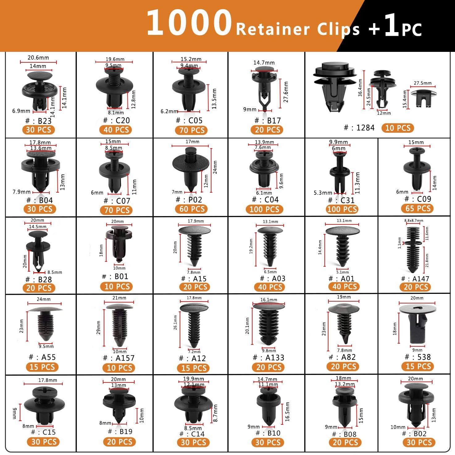 1001PCS Car Bumper Clips Shield Retainer Clips Plastic Rivets Automotive Push Pins Assortment Xmas Tree Fasteners Kit