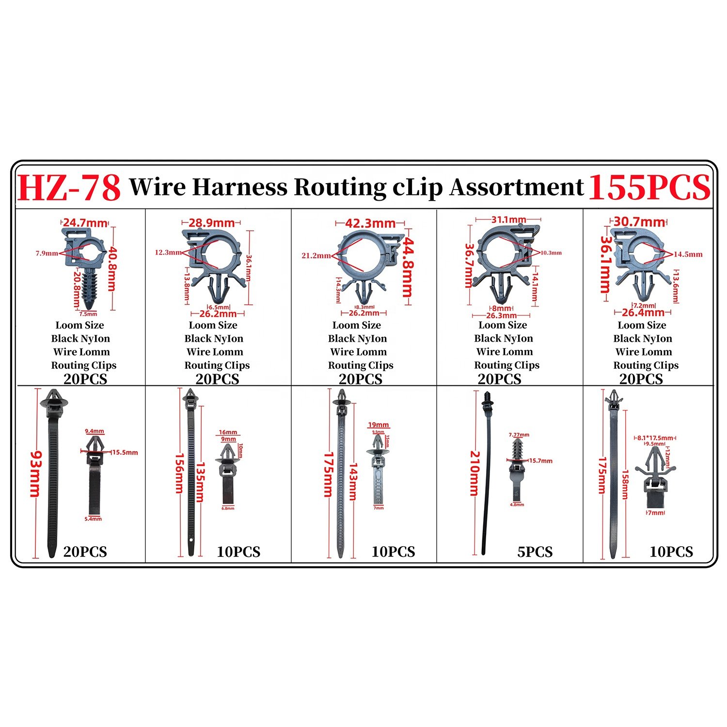 155PCS 10Kinds Car Fastener Clips Wire Cable Loom Routing Clip tie strap fastening clip set