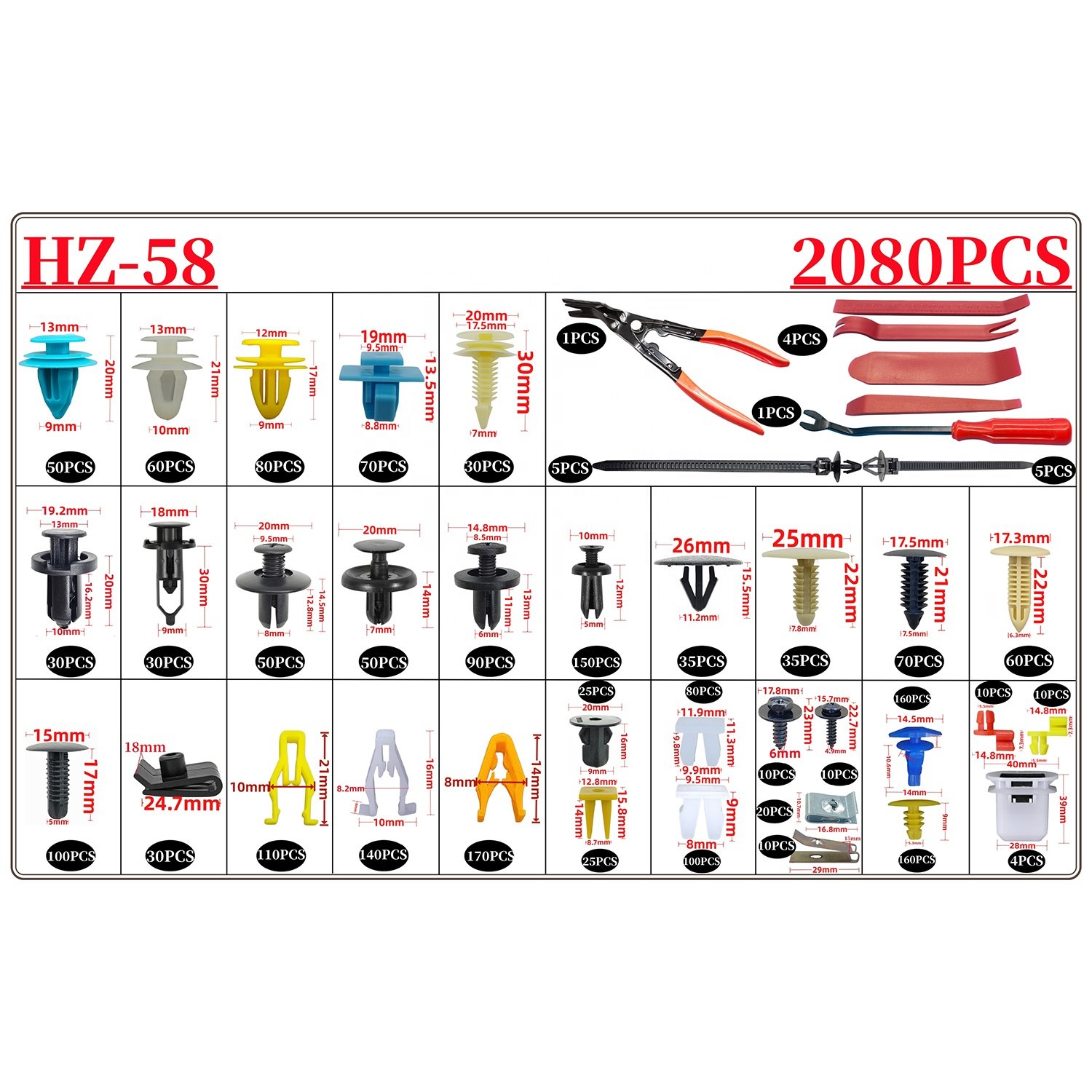 2080PCS 38Kinds Car Plastic Fastener Clips Mixed Push Retainer Pin Rivet Bumper Door Trim Panel Fastener Clip and tools Set