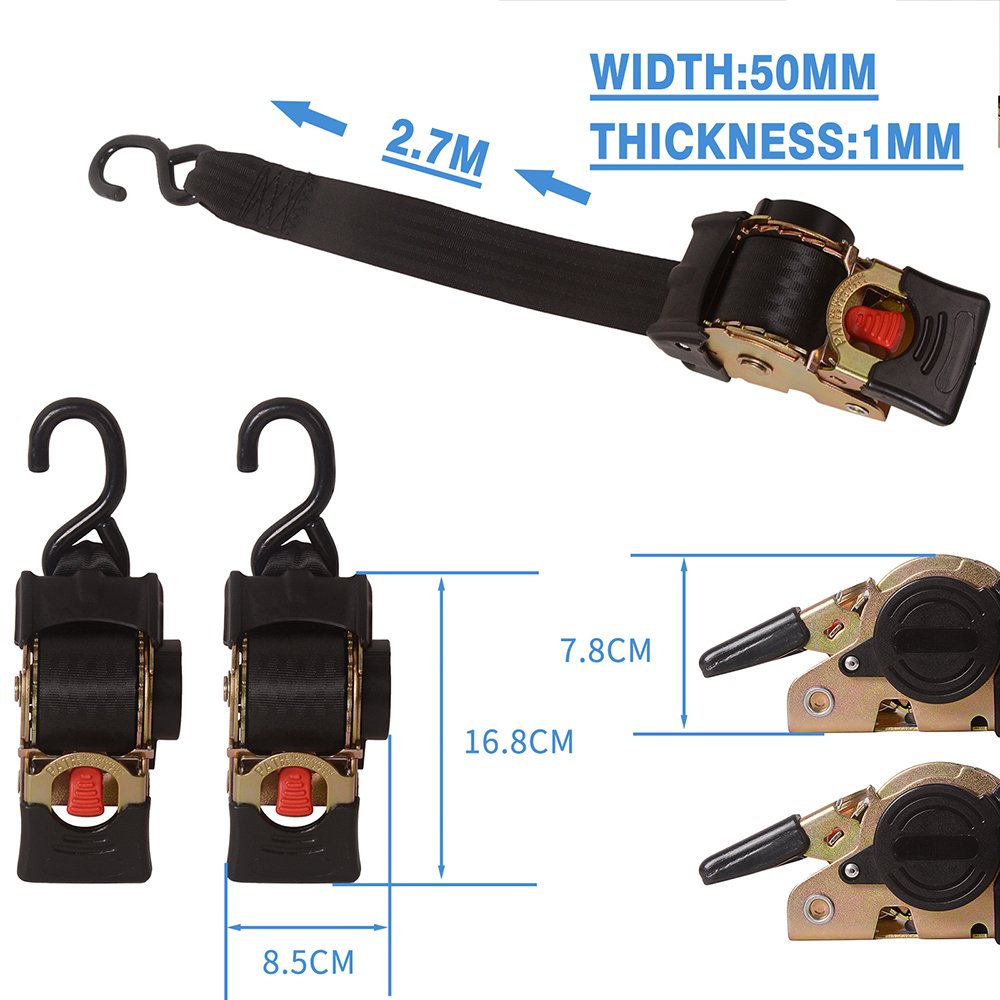 2.7m*50mm Auto Retractable Ratchet Tie Down Motorcycle Cargo Strap Steel & Polyester