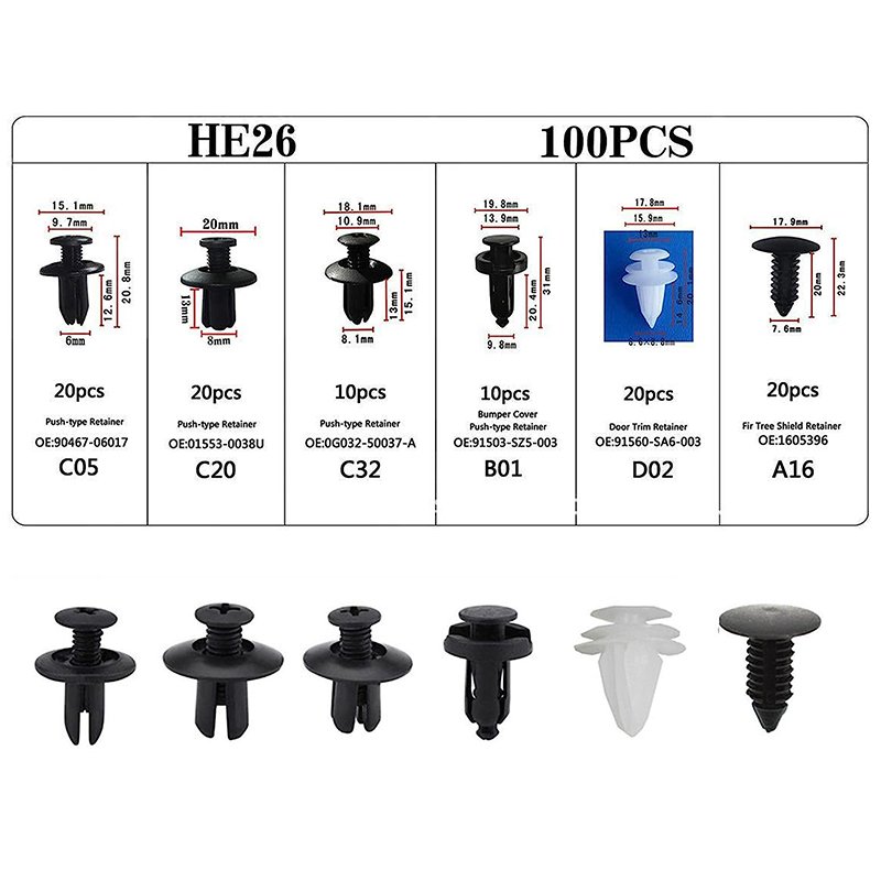 100Pcs 6 Sizes Auto Body Repair Fastening Rivets Assorted with Fastener Remover