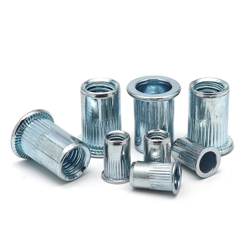 OEM Precision Fastener Pressure Riveting Nut Flat Head Knurled Body Rivet Nut For Hardware And Plate Riveting