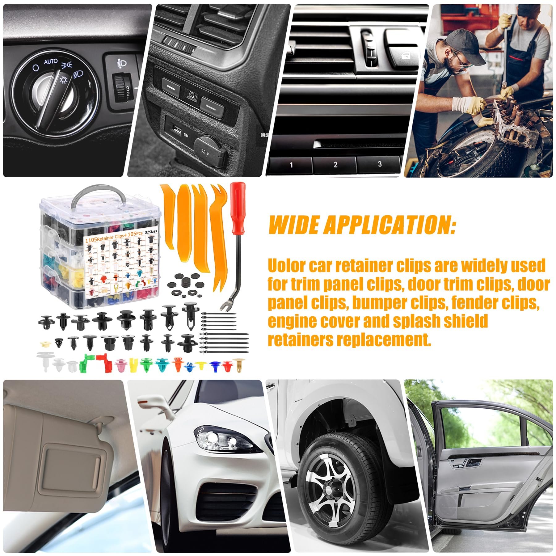 C0168 1240pcs Car Push Retainer Clips Auto Fasteners Kit 32 Sizes Nylon Fender Rivets with Cable Ties Fasteners Remover tool