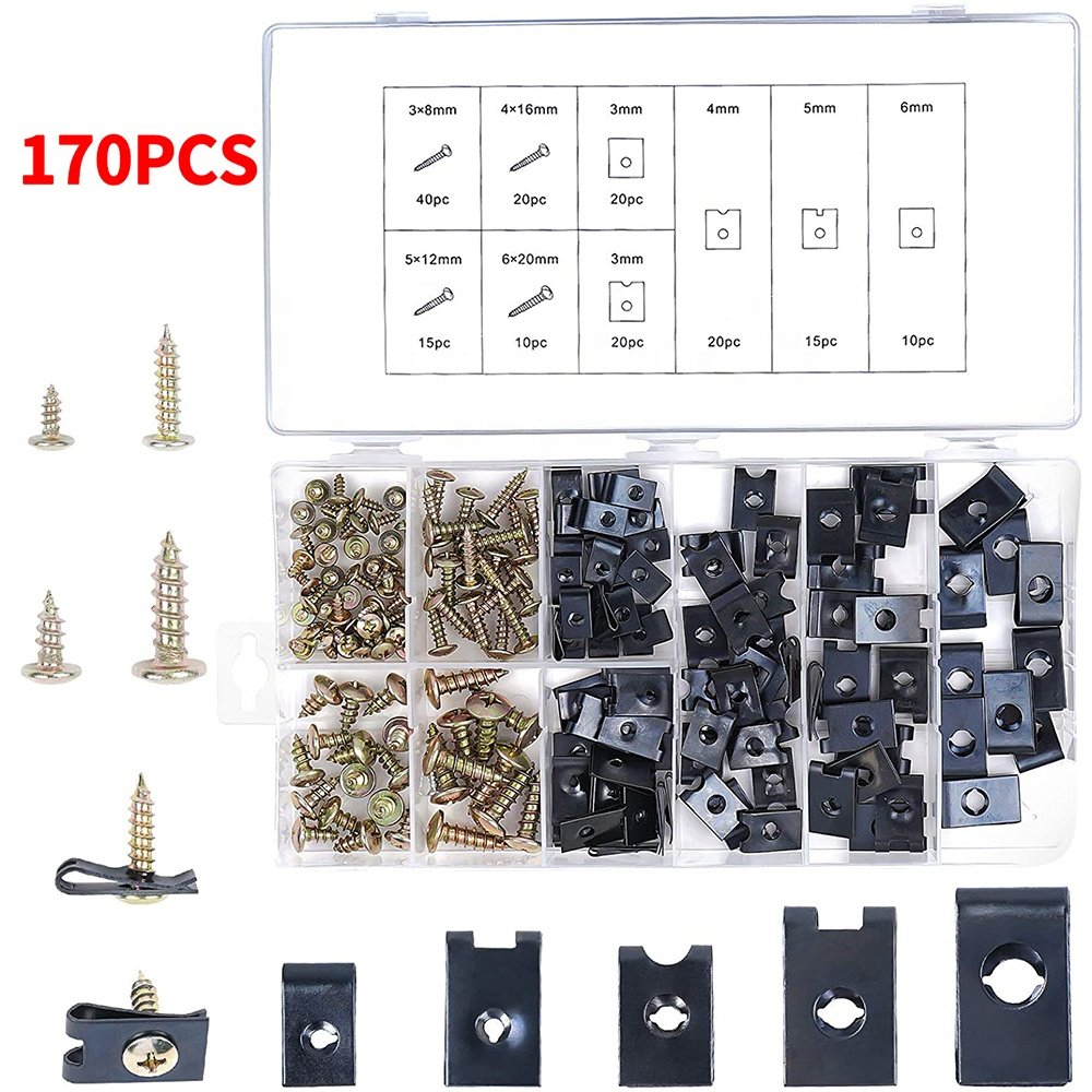 10 Boxes One Carton Car U Clip Fastener with Screw Assortment Kit , Automotive Stainless Steel Clip U Nut , Metal Clip Fasten