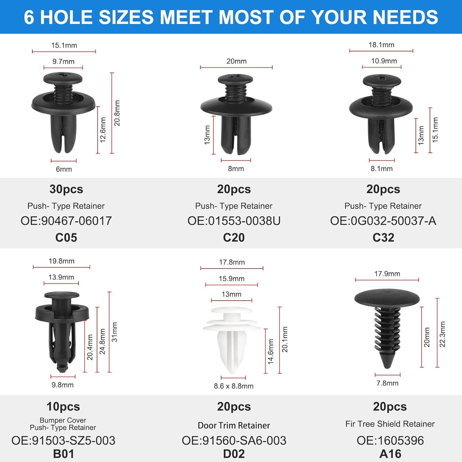 QEEPEI QGZ804 100PCS Universal 6 Most Common Sizes Car Body Shield Retainer Fastener Clips with 1pcs Tool