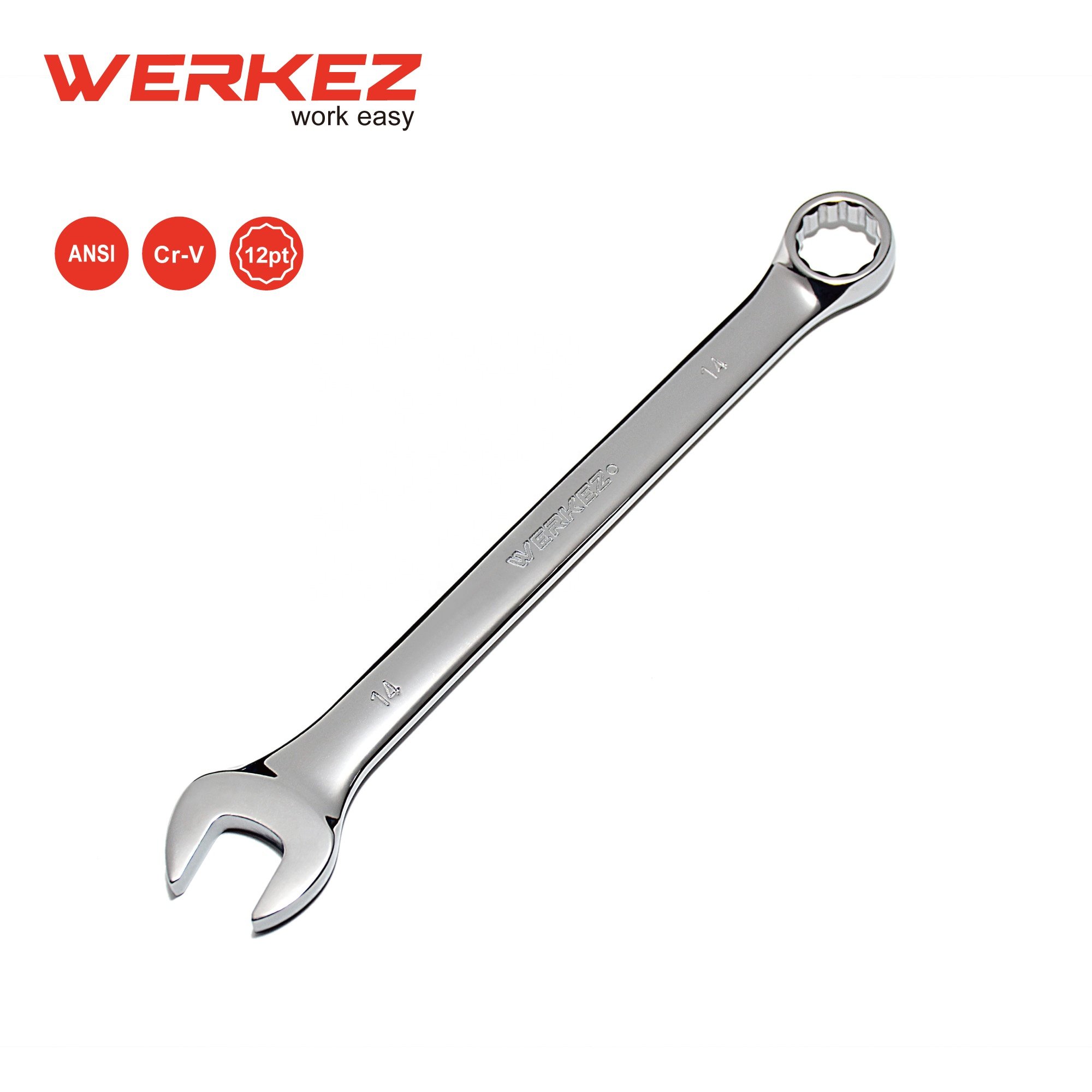 Werkez 14mm High Quality Cr-V Steel Combination Wrench Set Chrome Finish Industrial Hand Tools Repairing Customizable OEM Box