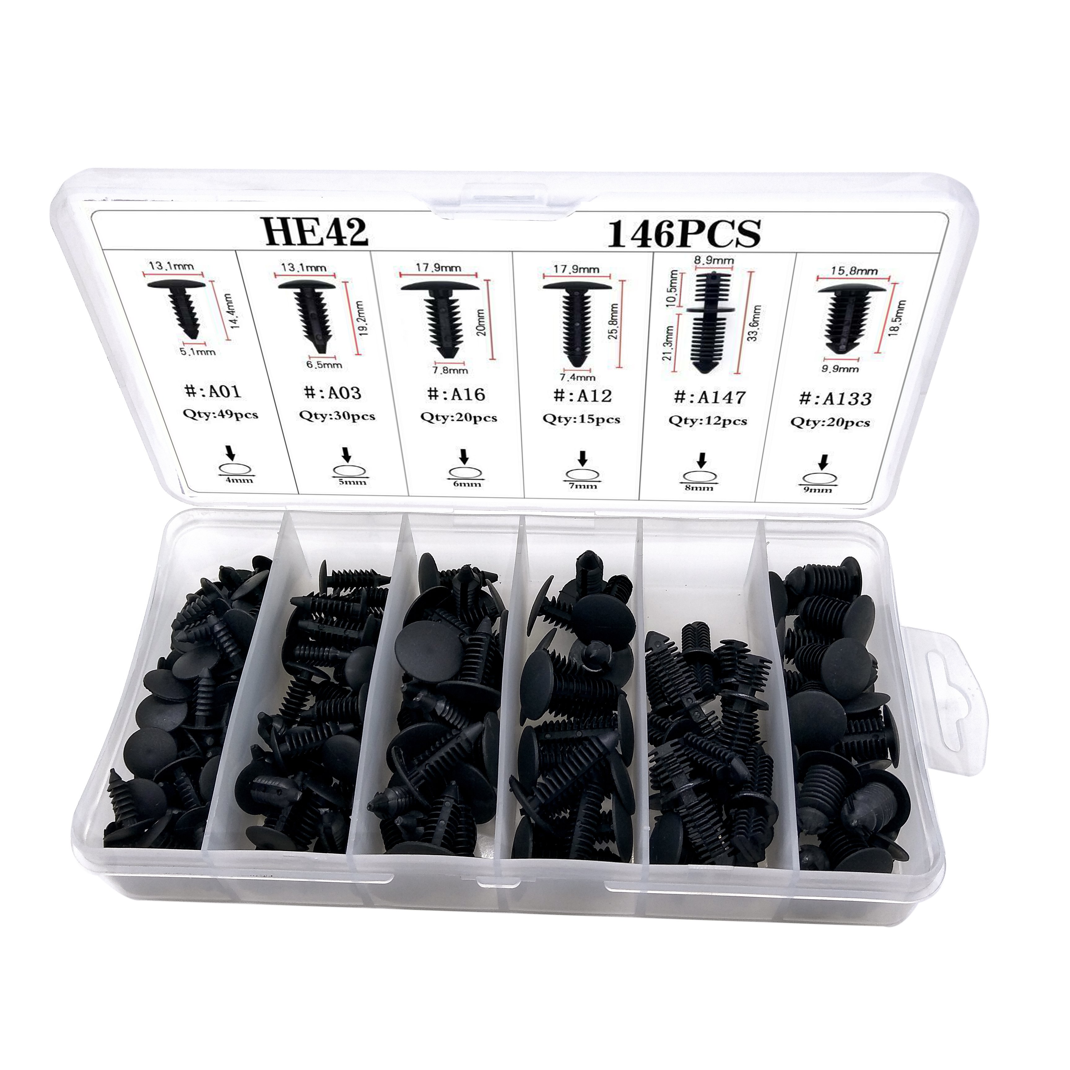 146pcs Nylon Auto Plastic Fasteners Assorted HE42