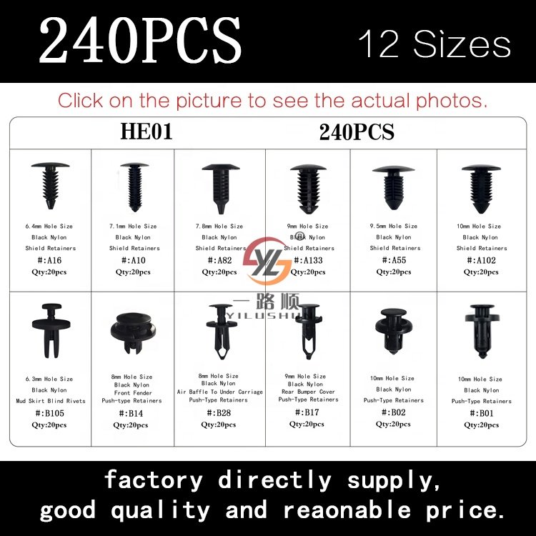 YILUSHUN ODM CN;HEB HE01 100 Fastener Rivets Clips Set Bumper Retainer Kit Plastic Box 240PCS Plastic OEM Colourful High-quality